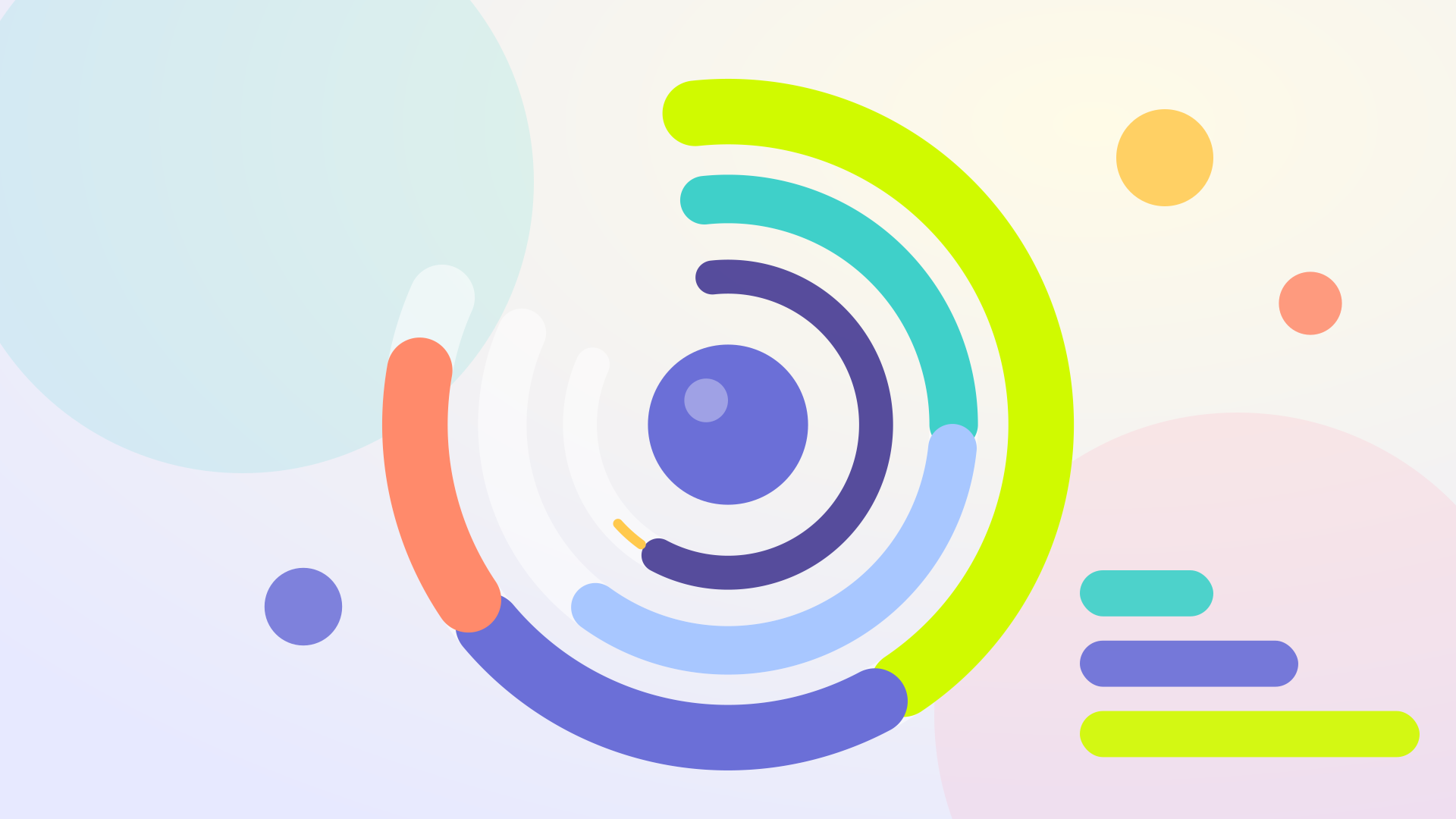 Abstract illustration of nested colored rings of very unequal thickness beside an ascending stack of rounded bars