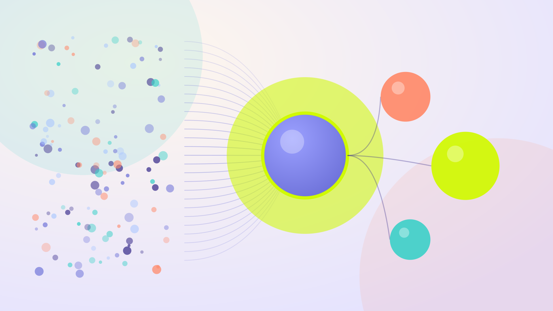 Abstract illustration of many scattered inputs converging through a single luminous node and emerging as a few larger forms