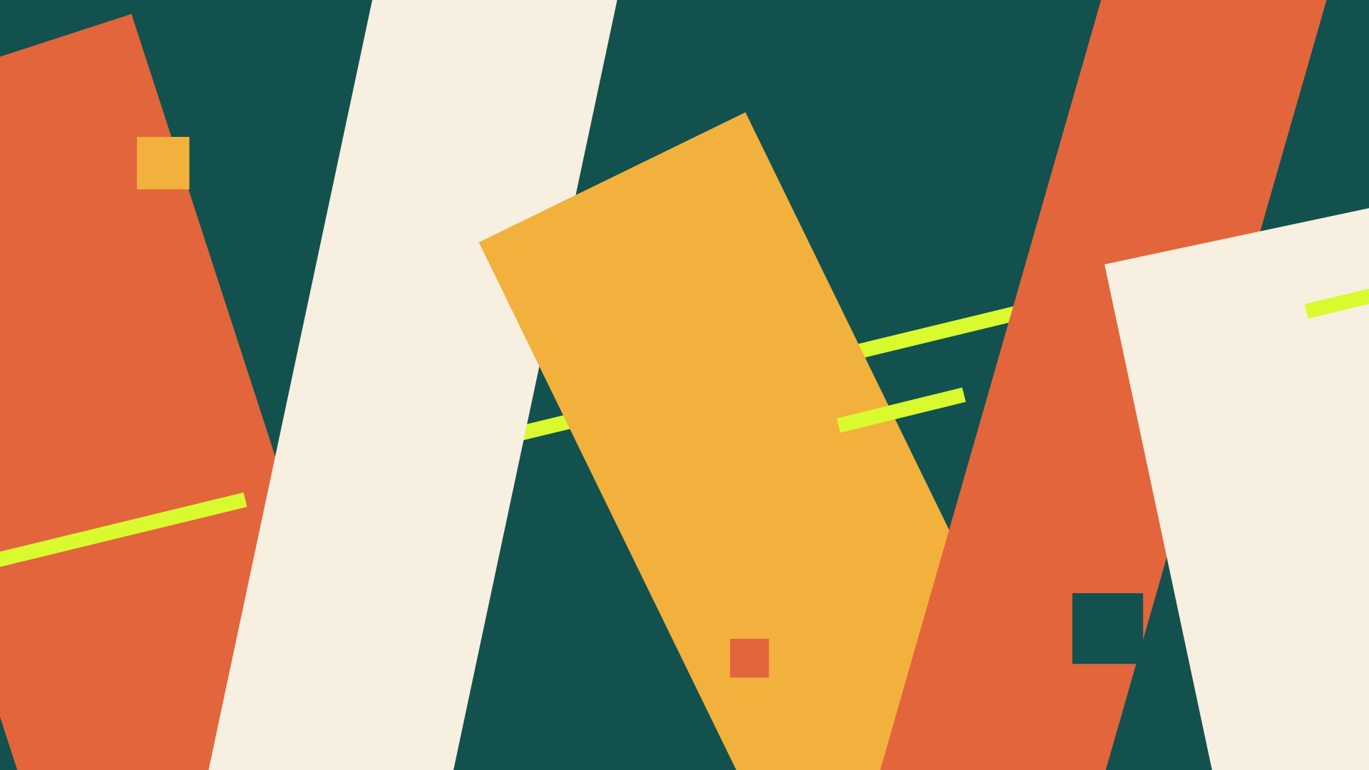 Flat geometric composition of a single bright thread crossing a deep teal field, repeatedly severed by overlapping terracotta and mustard slabs