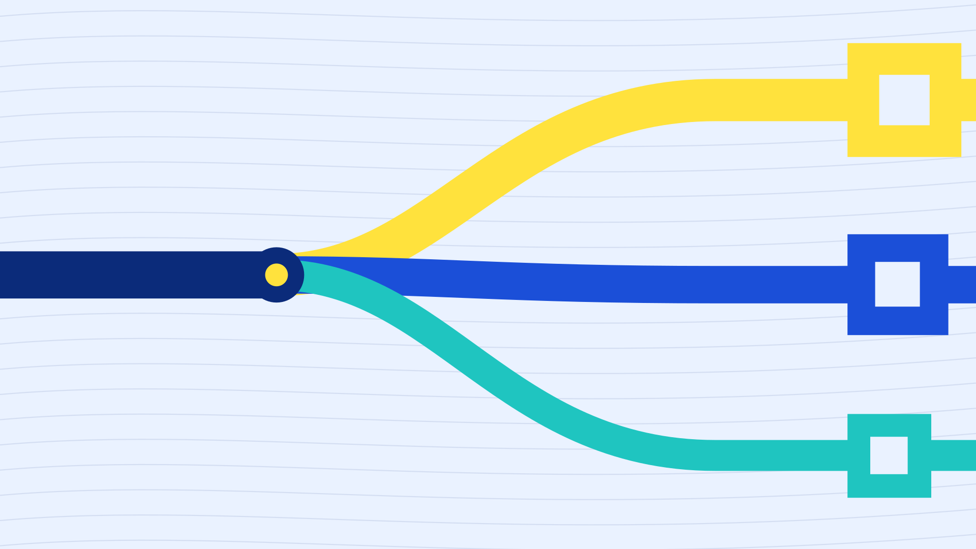 One thick cobalt trunk arriving at a junction and diverging into lemon, cobalt and turquoise ribbons of differing weight over a faint current