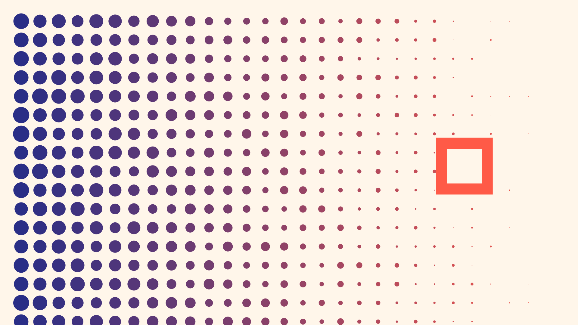 Halftone dot field shading from dense indigo dots at the left to sparse coral dots at the right, with one hollow square marker