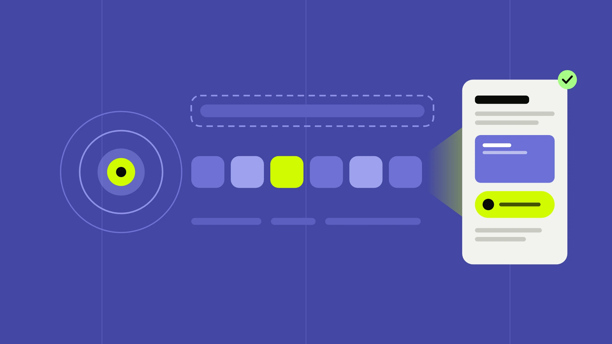 Abstract illustration of a tap ripple, a main thread lane split into short task blocks, and a bright screen panel showing the next painted frame