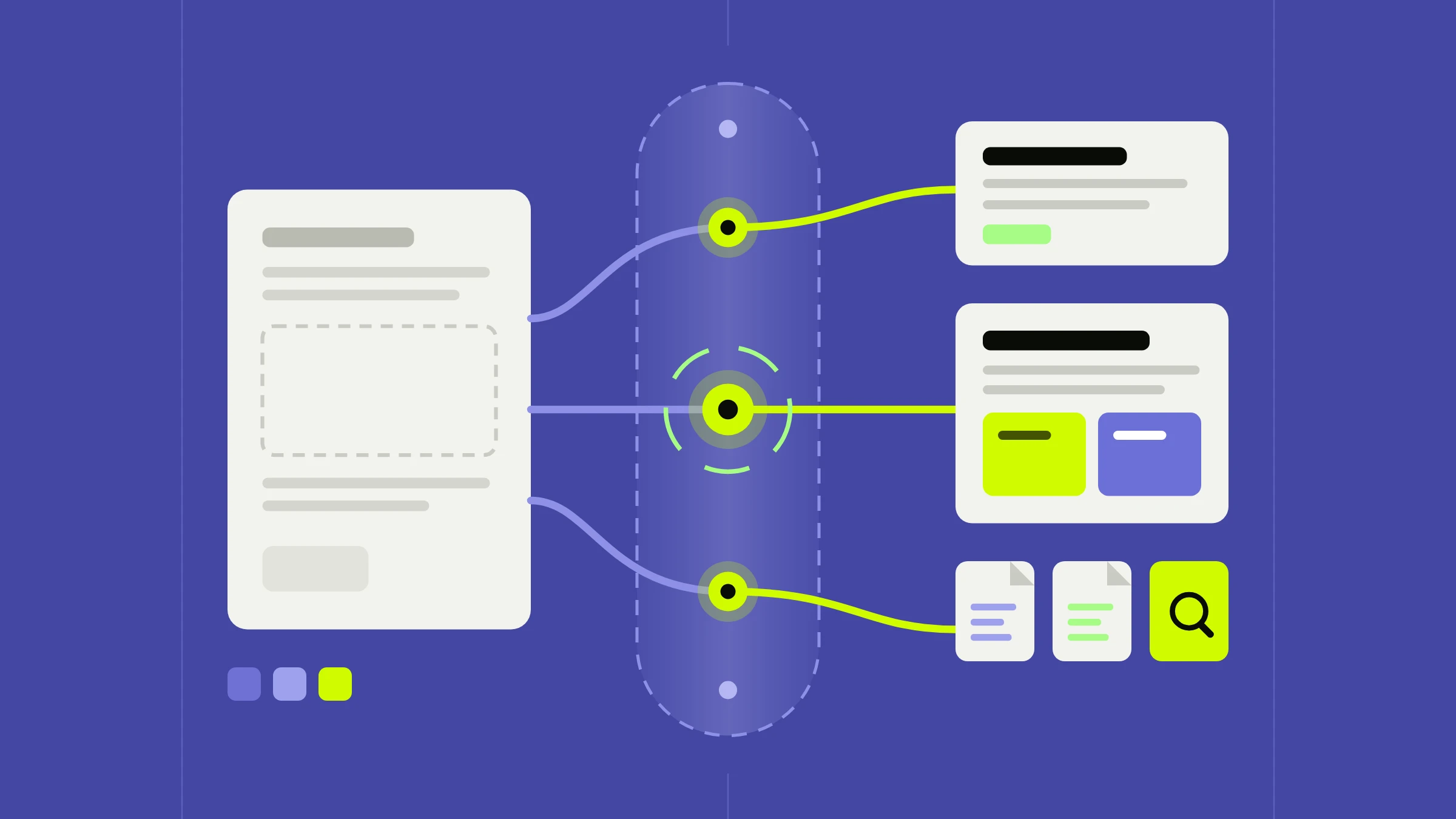 Abstract illustration of a plain web page passing through a glowing edge layer of lime nodes and emerging as refined pages and small text file tiles