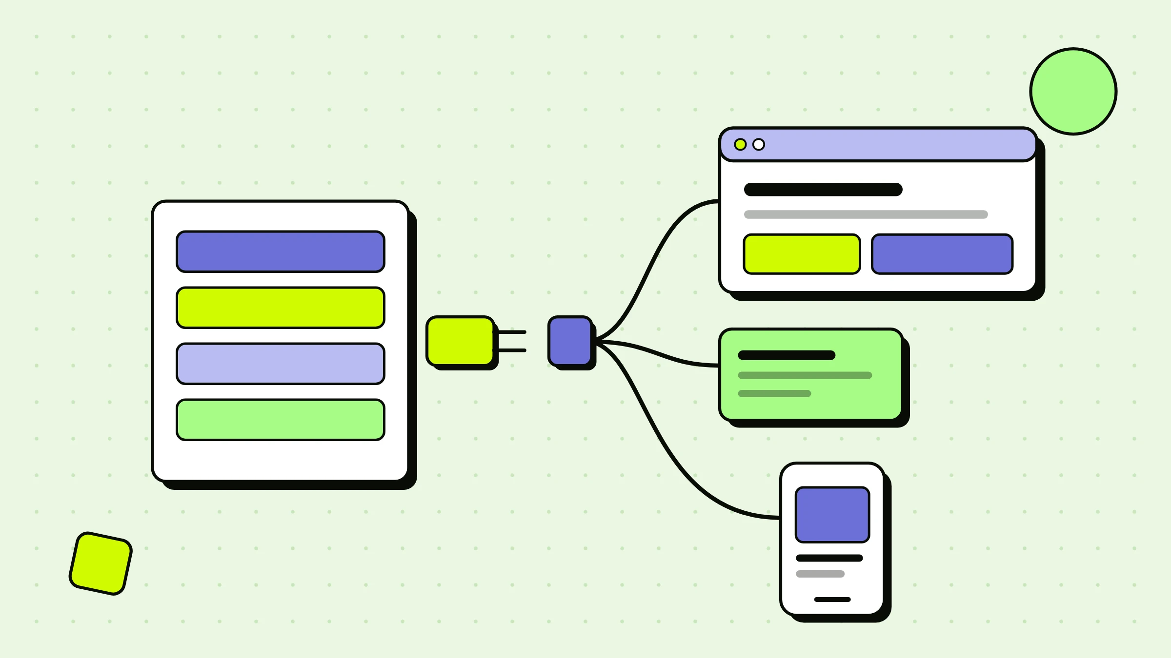 Illustration of a content backend plugged into separate browser, card and phone front ends