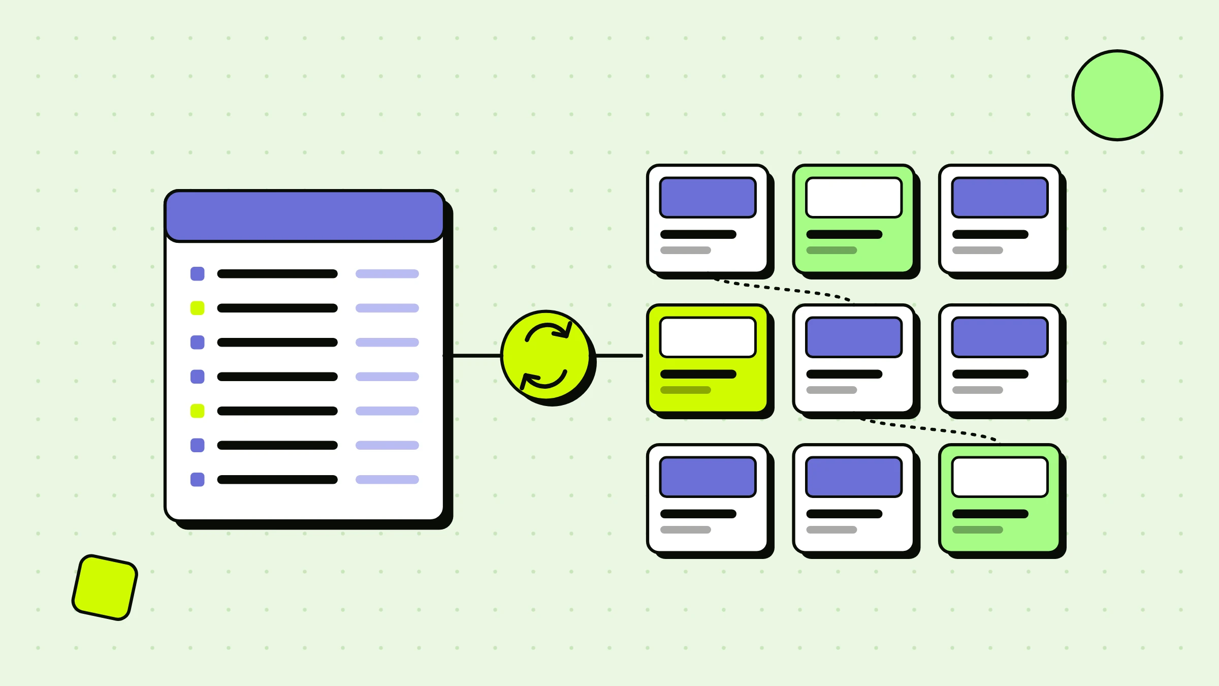 Illustration of a data table syncing into a grid of linked CMS collection cards