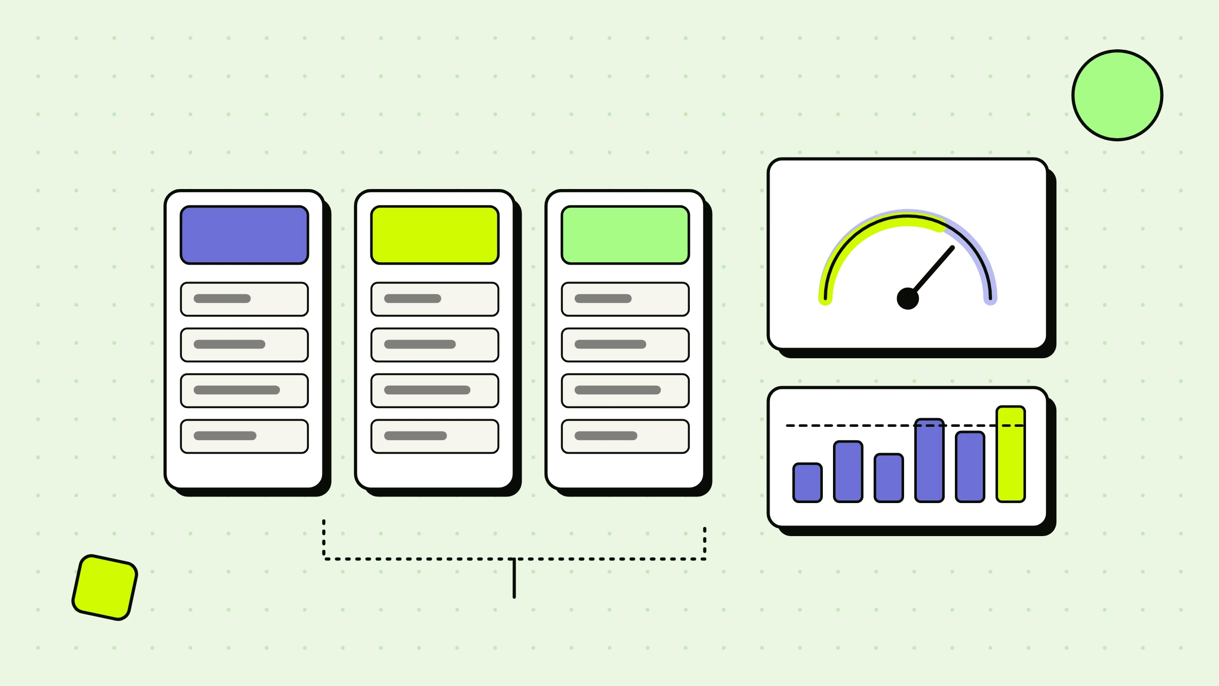 Illustration of isolated tenant containers beside a usage gauge and a cost bar chart