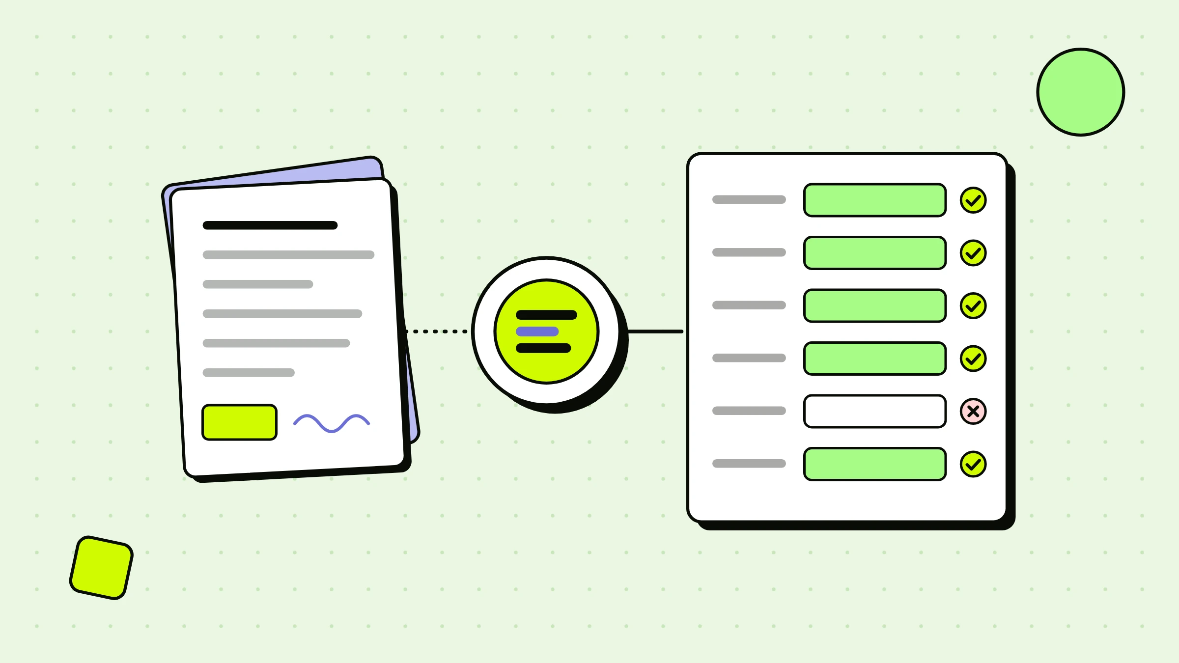 Illustration of stacked documents passing through a lens into checked structured fields