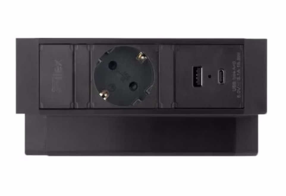 Black power strip with one European socket, one USB-A, and one USB-C port.