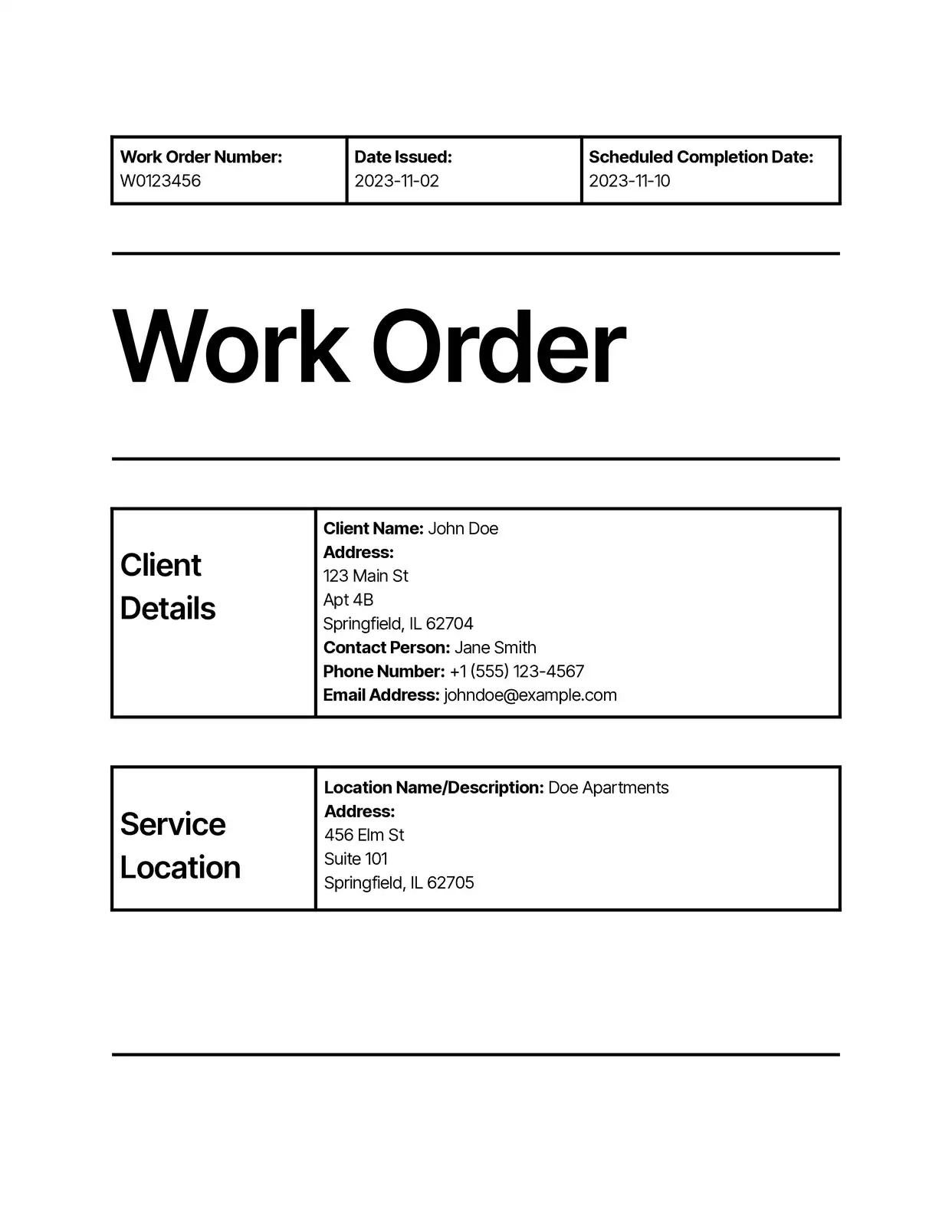 Work Order Orders Template