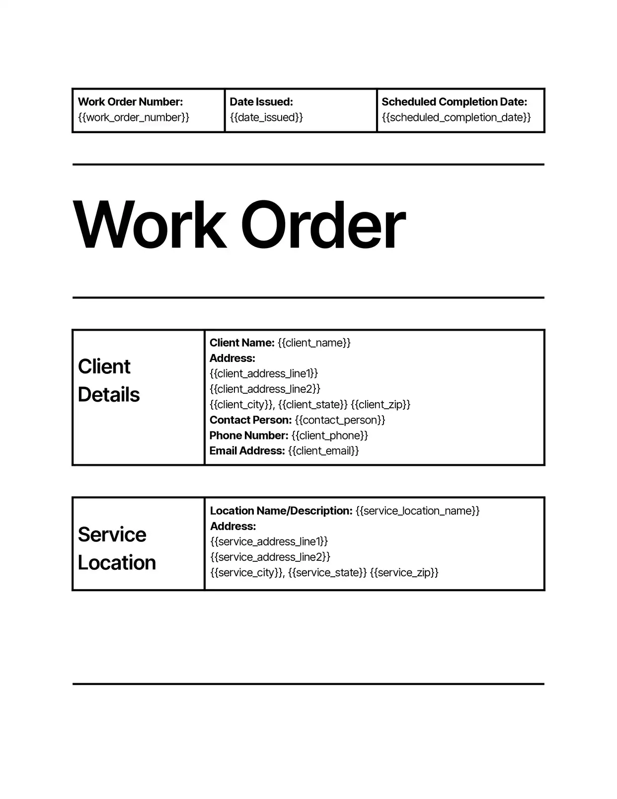 Work Order Orders Template