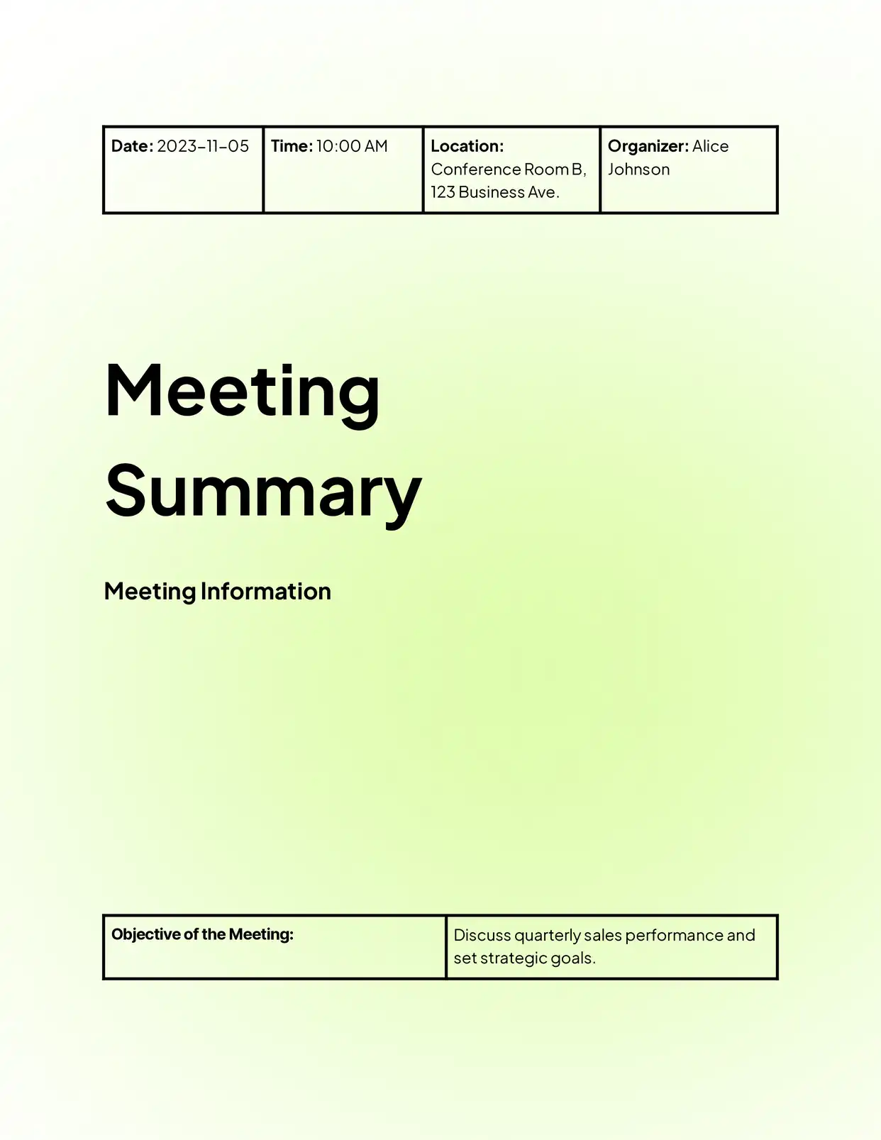 Meeting Summary Summaries Template