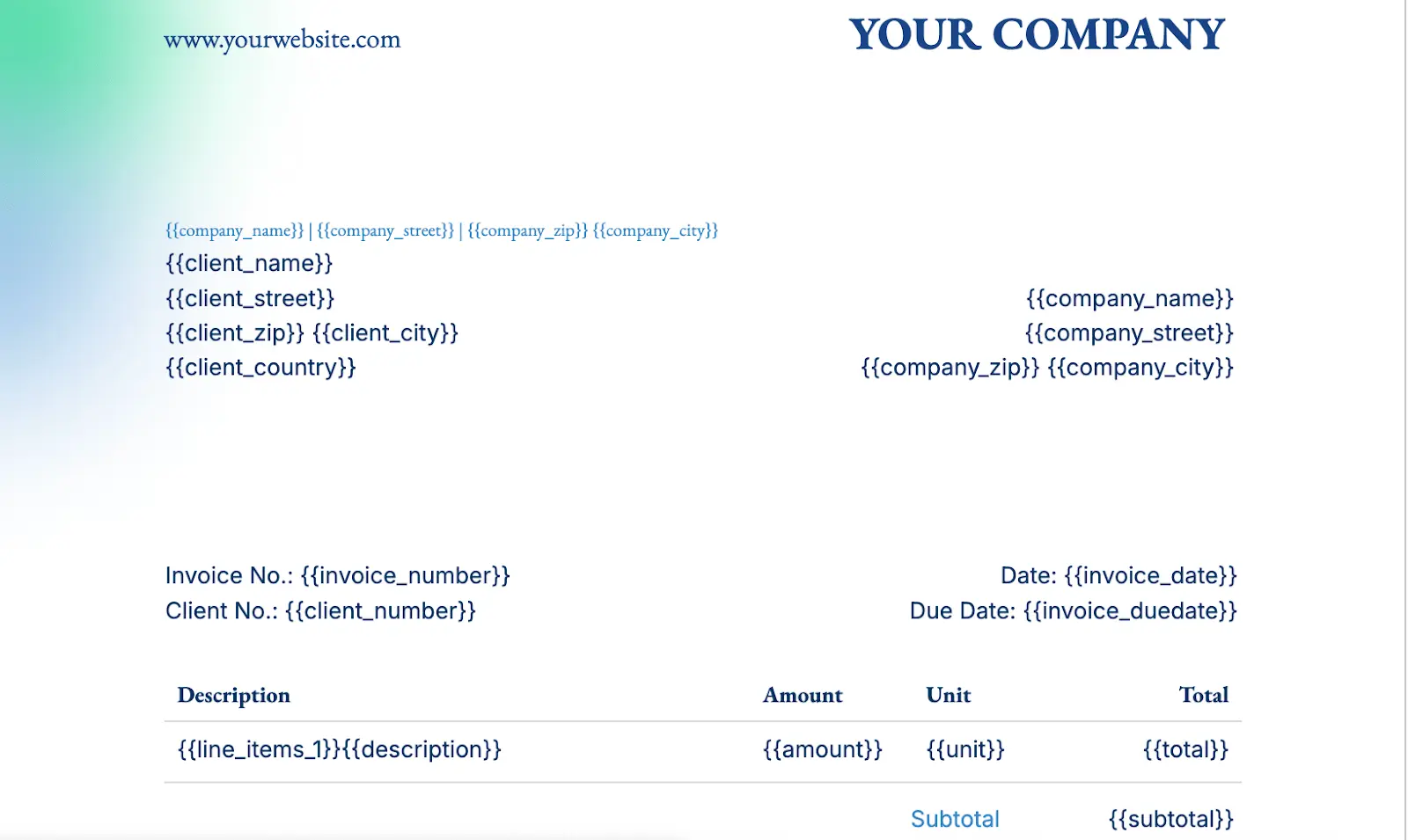 Invoice Template by DocsAutomator showcasing document syntax