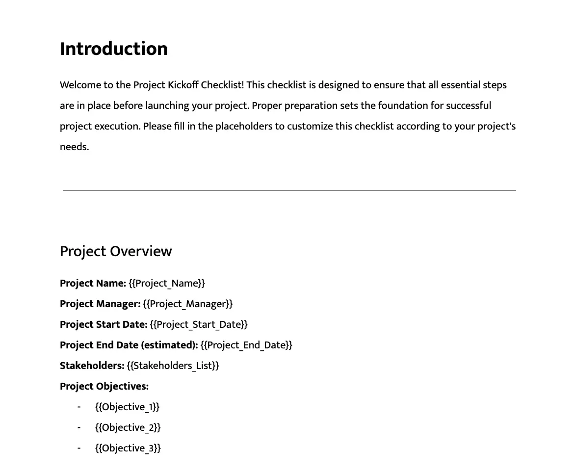 Project Kickoff Checklist Template by DocsAutomator showcasing document syntax