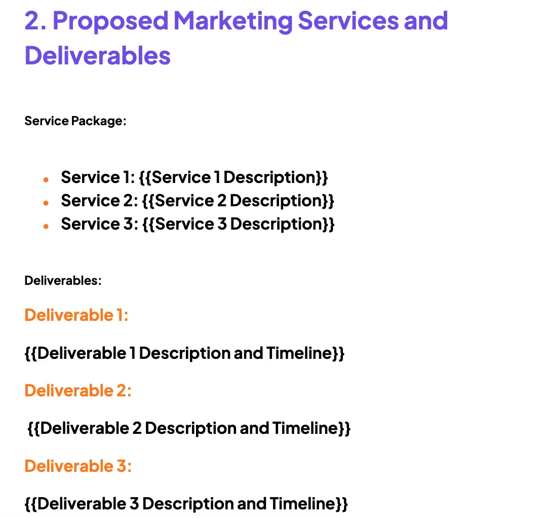 Marketing Services Proposal Template by DocsAutomator showcasing document syntax