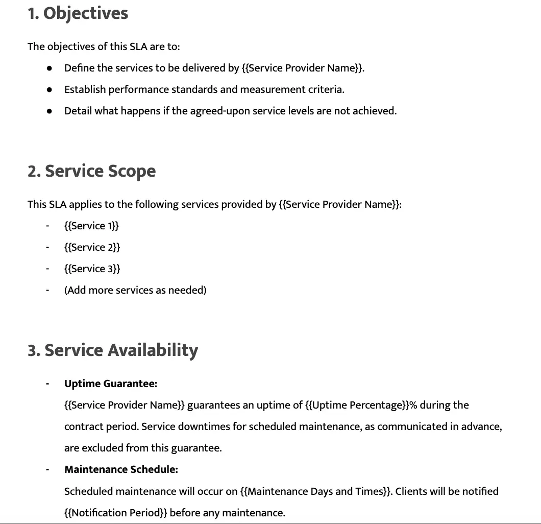 Service Legal Agreement Template by DocsAutomator showcasing document syntax