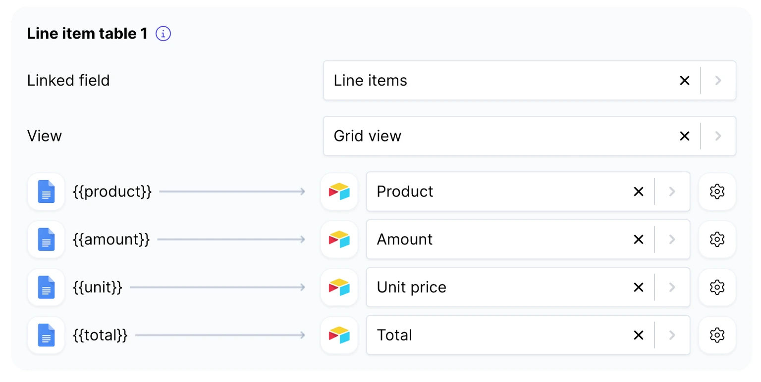 Line item table on DocsAutomator showcasing how to map Google Doc placeholder text to Airtable fields