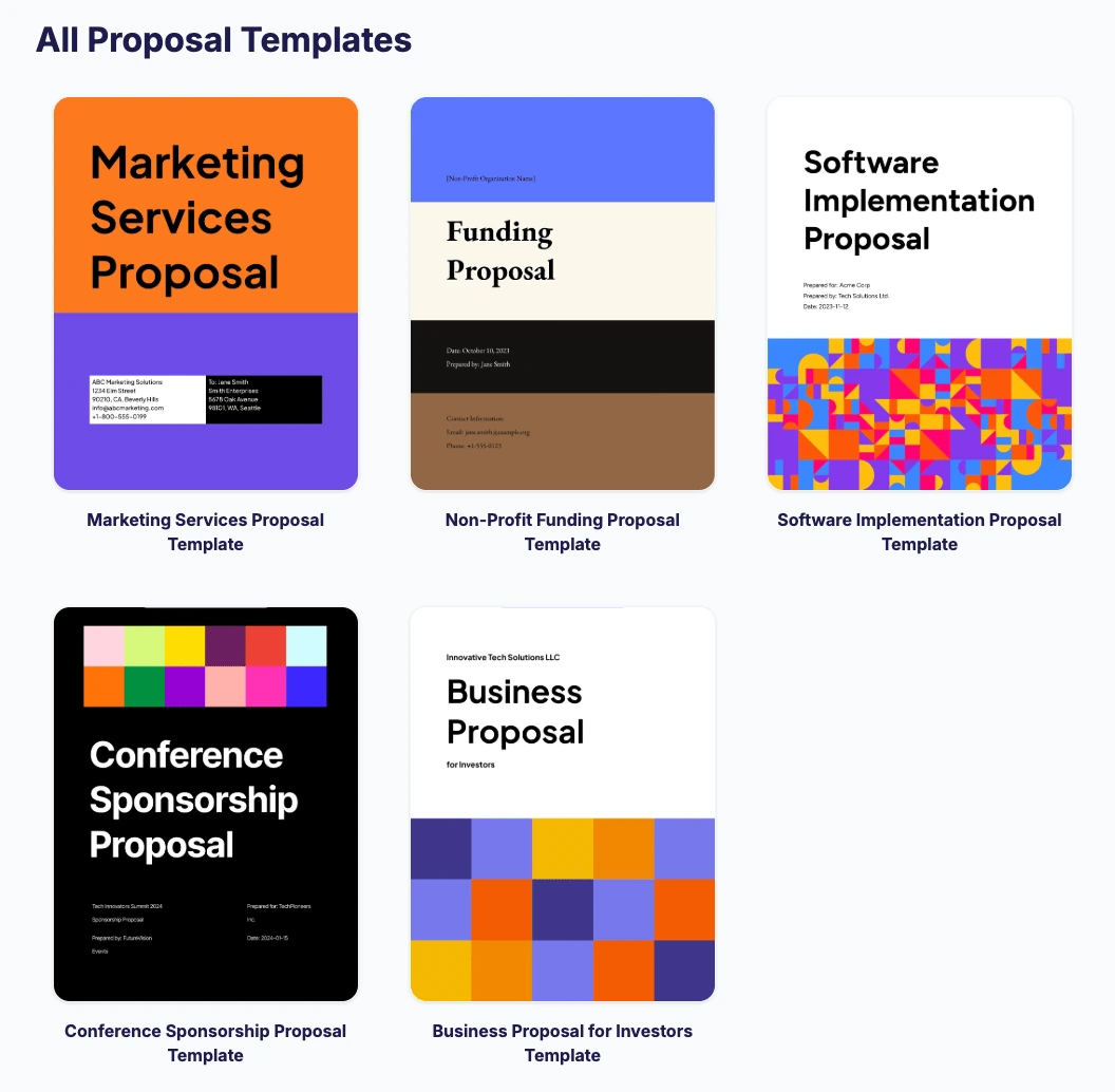 Image shows Proposal Templates variety available on DocsAutomator, including Marketing services proposal, funding proposal, software implementation, conference sponsorship proposal, business proposal, and more.