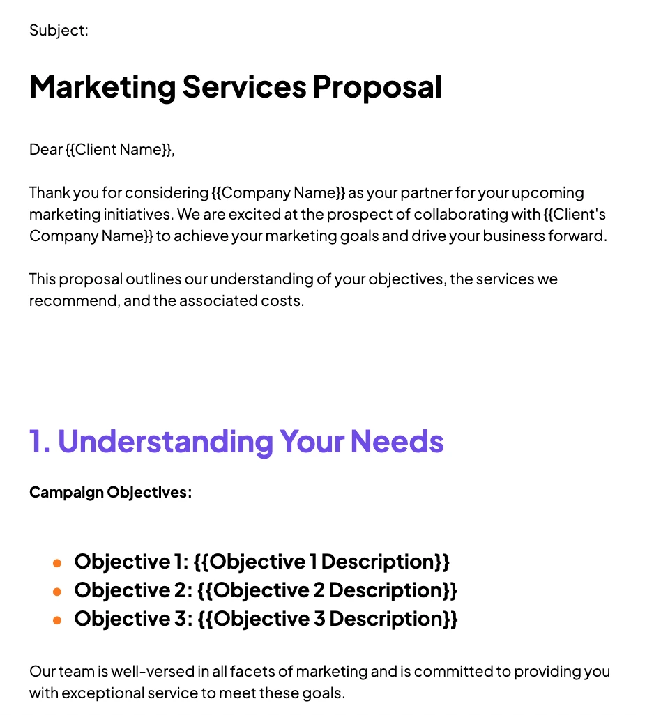 Image shows how marketing services proposal template by DocsAutomator shows with content and placeholders defined.