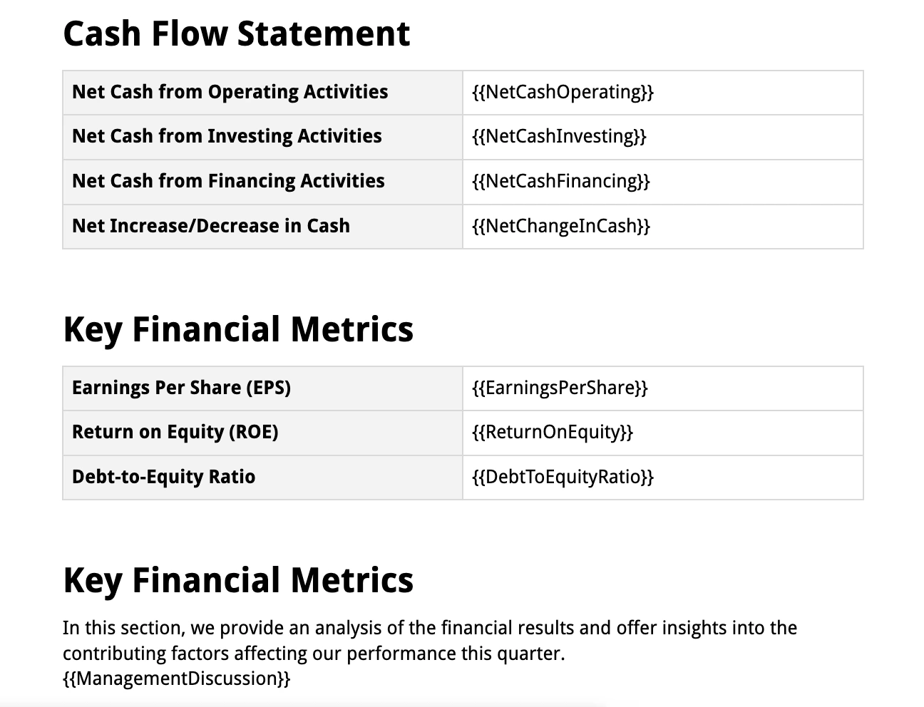Image shows tables for cash flow statement and key financial metrics with content and placeholders defined in the Quarterly Financial Report Template by DocsAutomator 