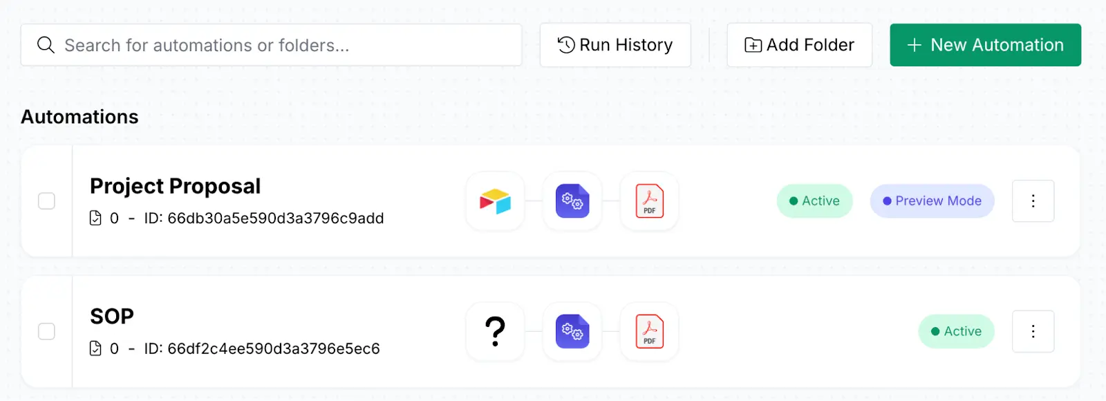 Image shows the 'New Automation' button in green color that helps kickstart a new document automation in DocsAutomator.