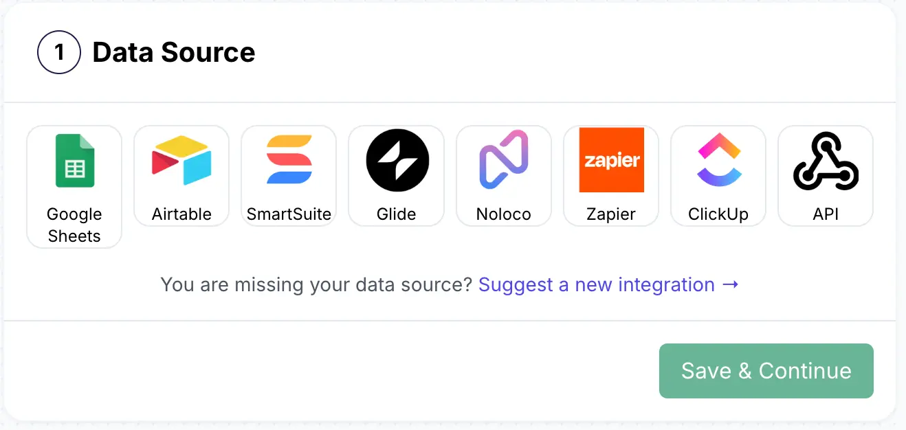 Image shows the area in DocsAutomator platform to connect your data source across available integrated options like Zapier, Google Sheets, Glide, Airtable, and more.