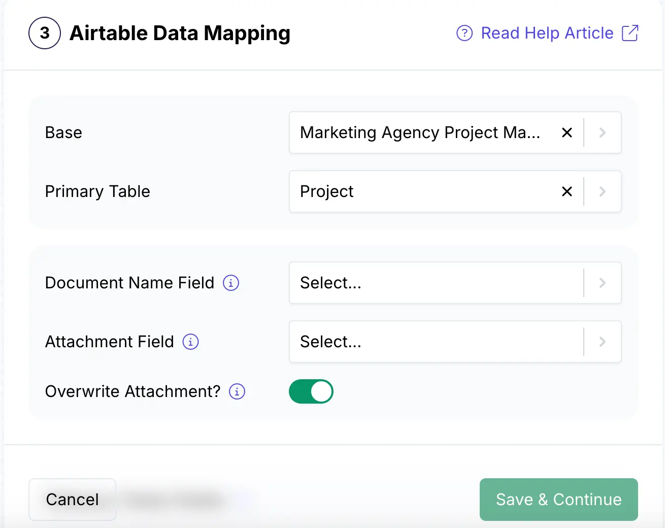 Image shows options available in DocsAutomator to map Airtable data with available fields.