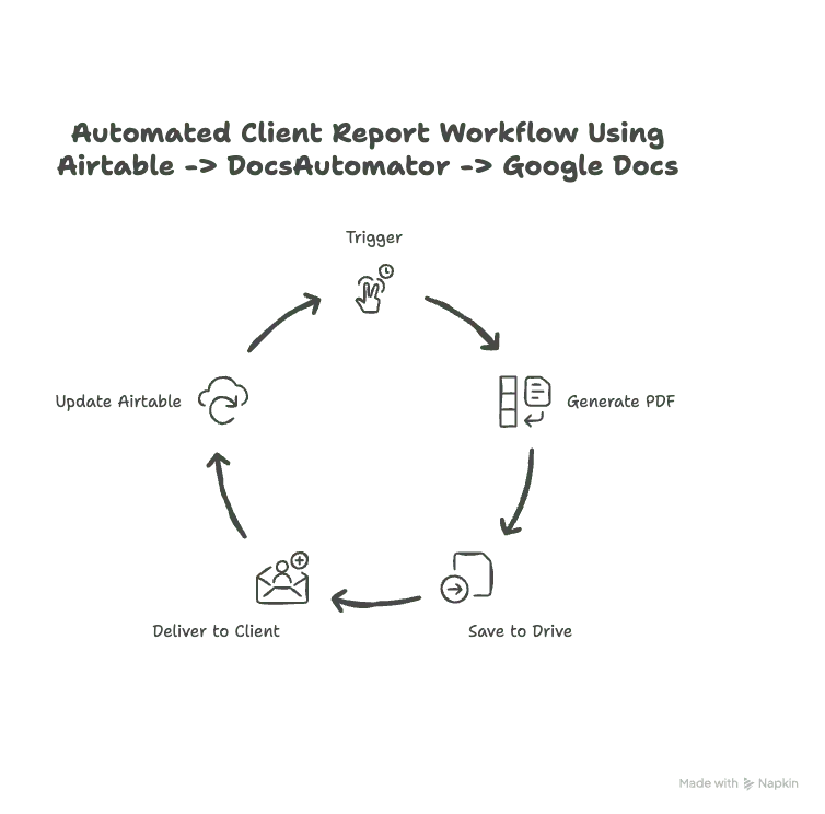 5 step workflow for generating automated documents on DocsAutomator