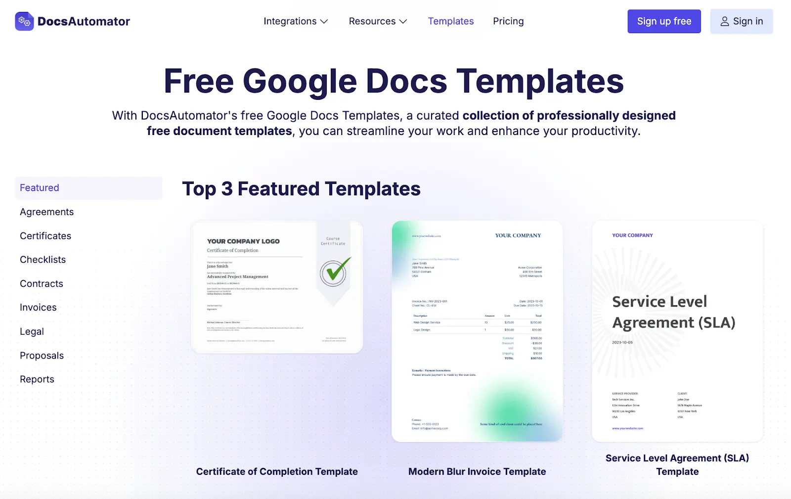Image is a screenshot of DocsAutomator 'Template' page showcasing various free Google Docs templates to get started.