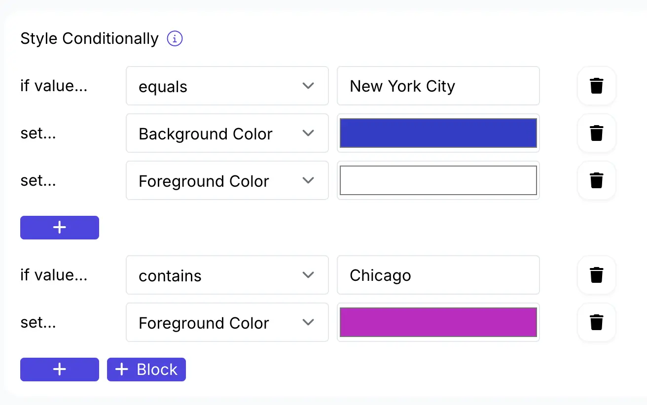 Image shows various document styling options in DocsAutomator and includes conditional styling options