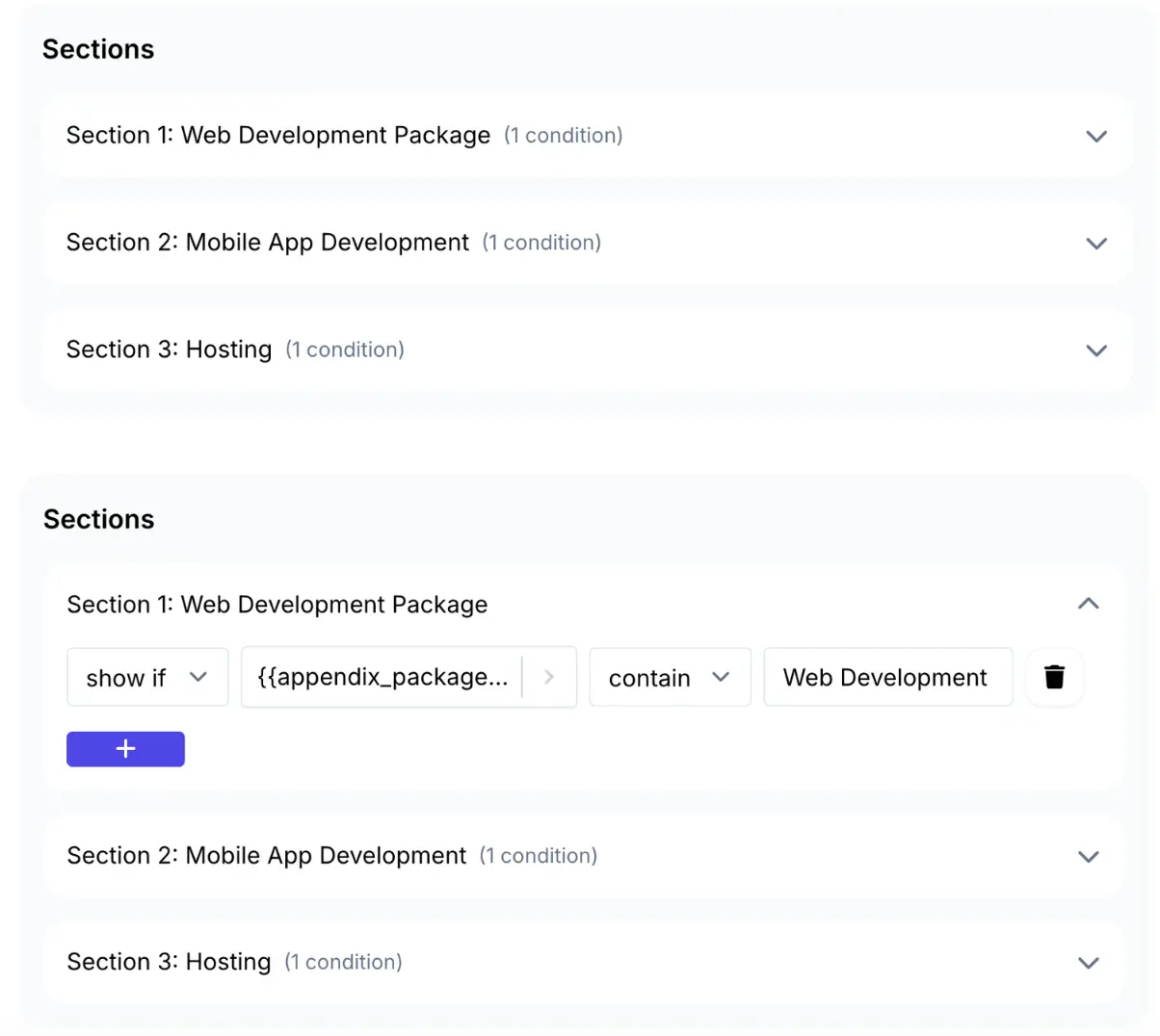 Image shows dynamic sections feature panel in DocsAutomator