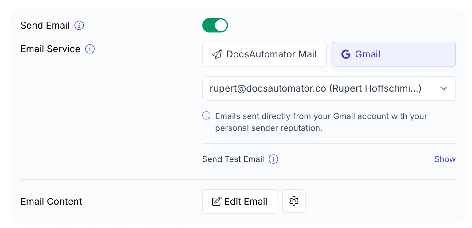 Image shows settings panel to send automated emails via GMail or DocsAutomator Mail