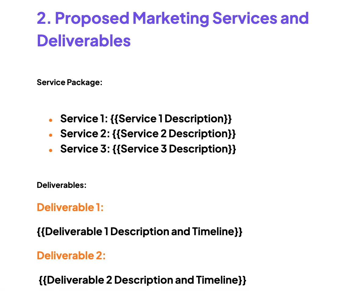 Image is a screenshot of Marketing Services Proposal Template by DocsAutomator