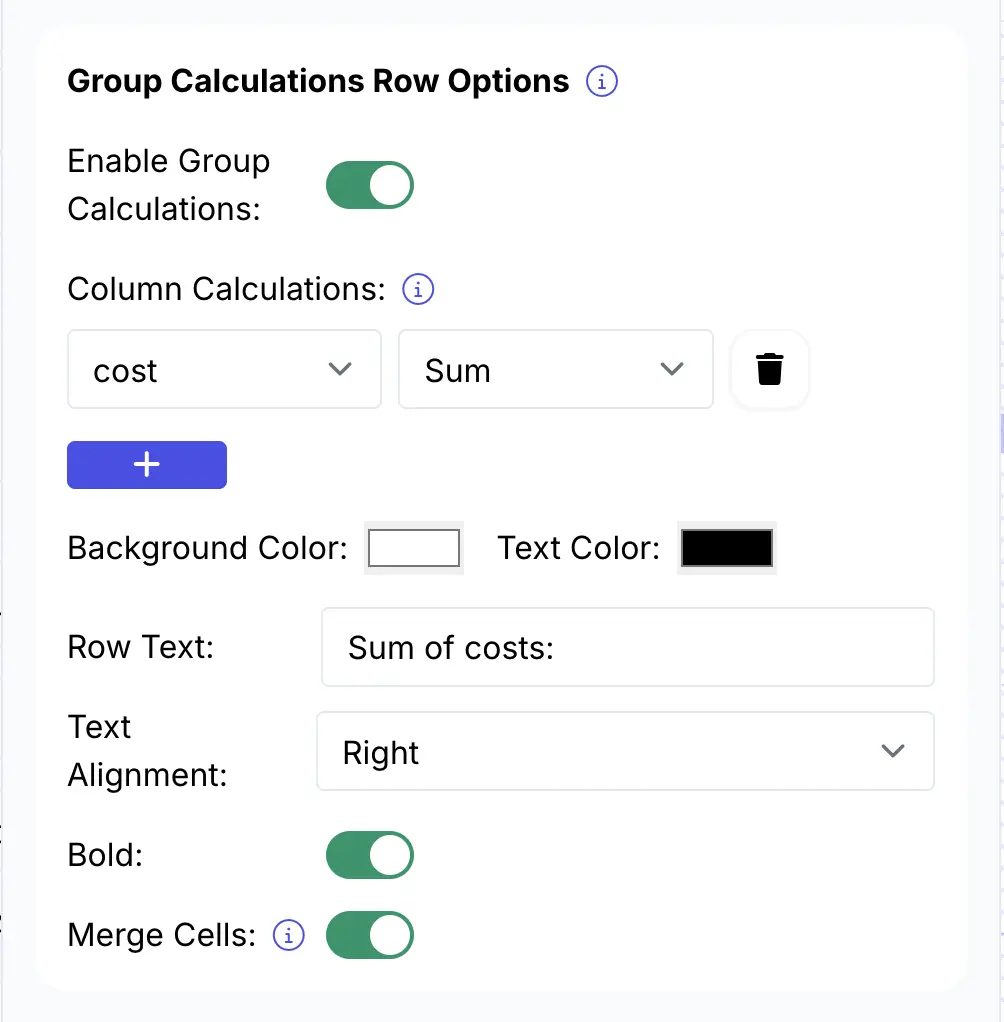 Image shows settings panel to perform group calculations on your DocsAutomator Google Doc template