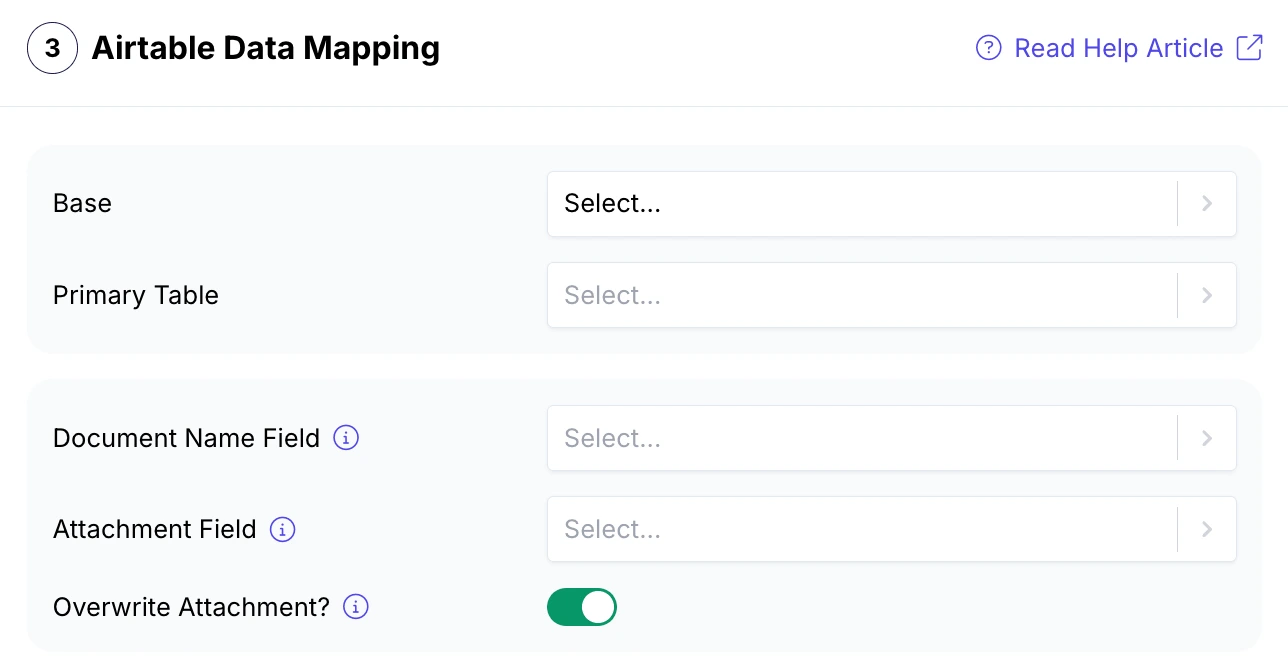 Image shows settings panel to connect Airtable's tables and fields to Docsautomator
