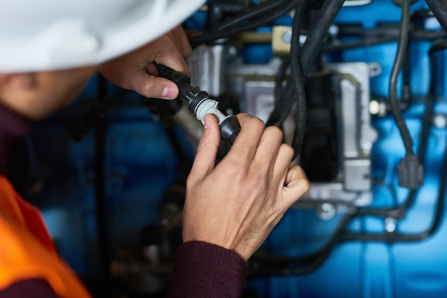 Un technicien raccorde un distributeur de pâtisserie à l'électricité pour permettre le bon fonctionnement du logiciel et du système de réfrigération des casiers alimentaires.