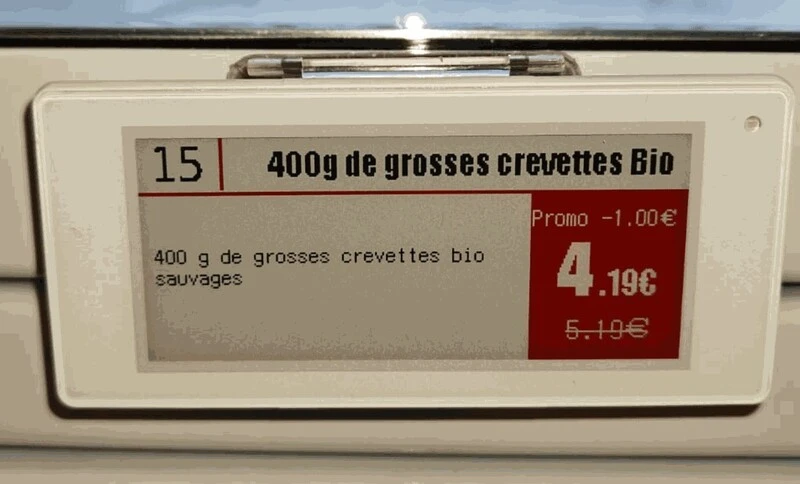 Détails d'une étiquette électronique de gondole comprenant une réduction automatique en fonction de la DLC du produit