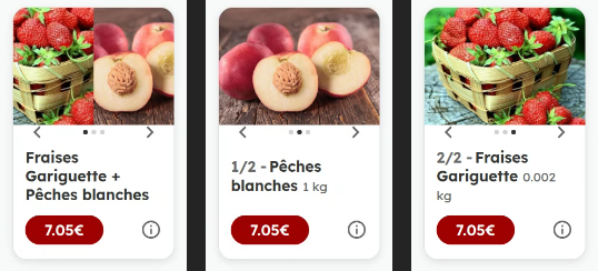 Nouvel affichage carrousel d'un Mix Produit MonCasierFrais.fr avec fraises et pêches blanches