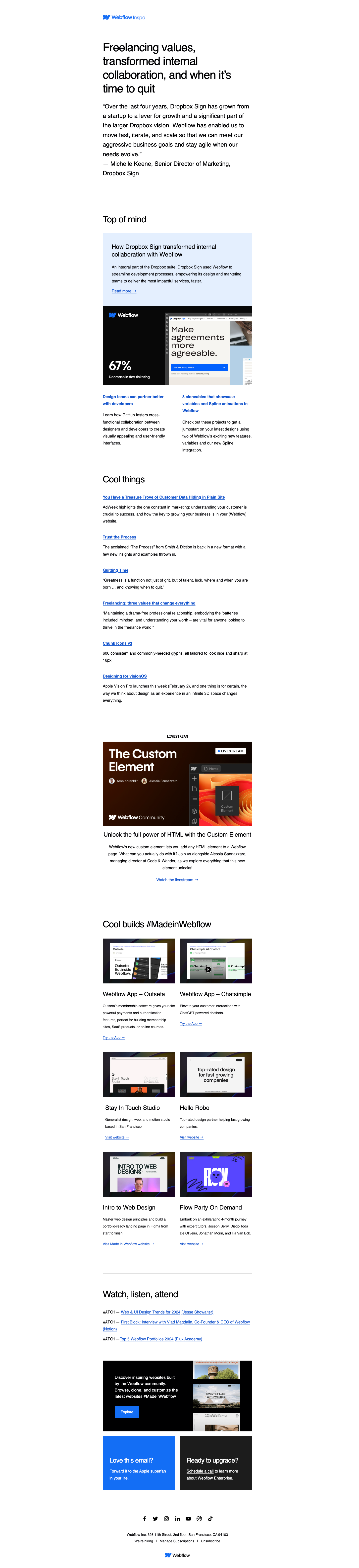 Newsletter email example from Webflow