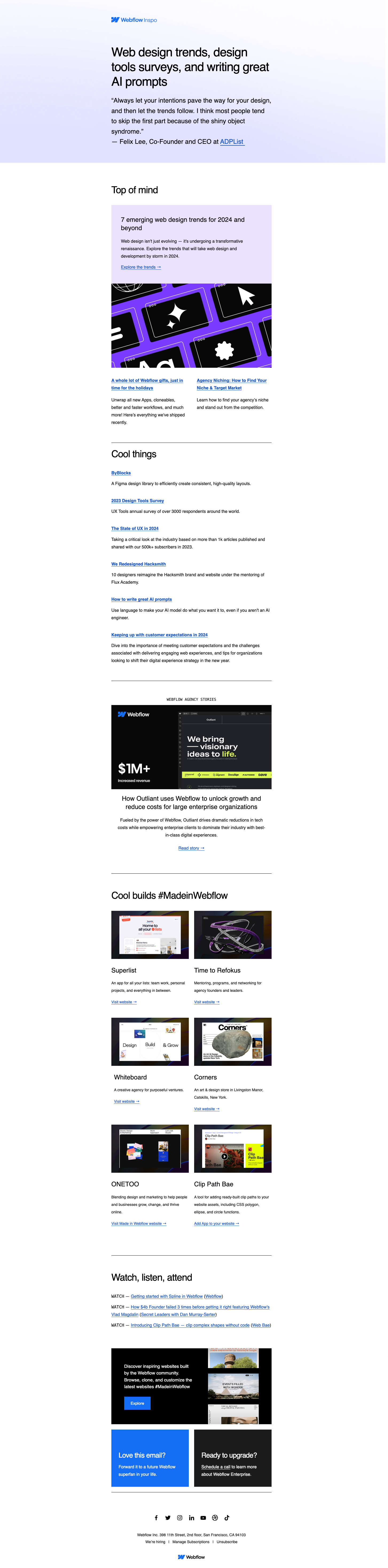 Newsletter email example from Webflow