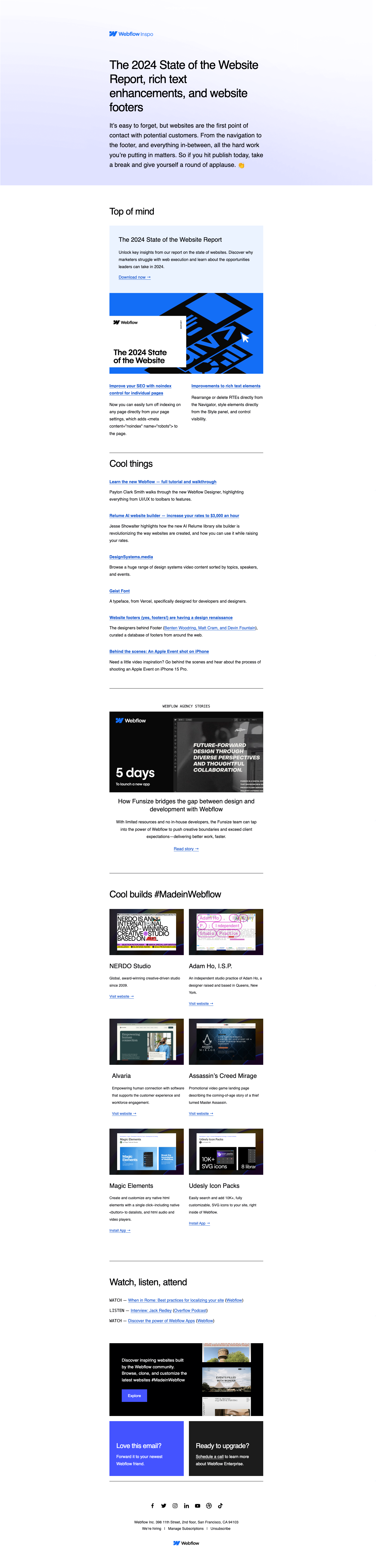 Newsletter email example from Webflow