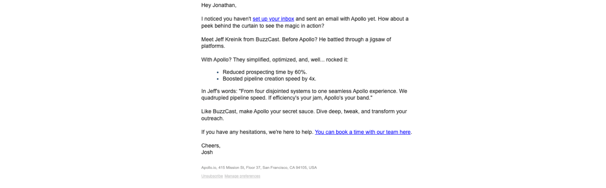 Inactivity Nudge email example from Apollo
