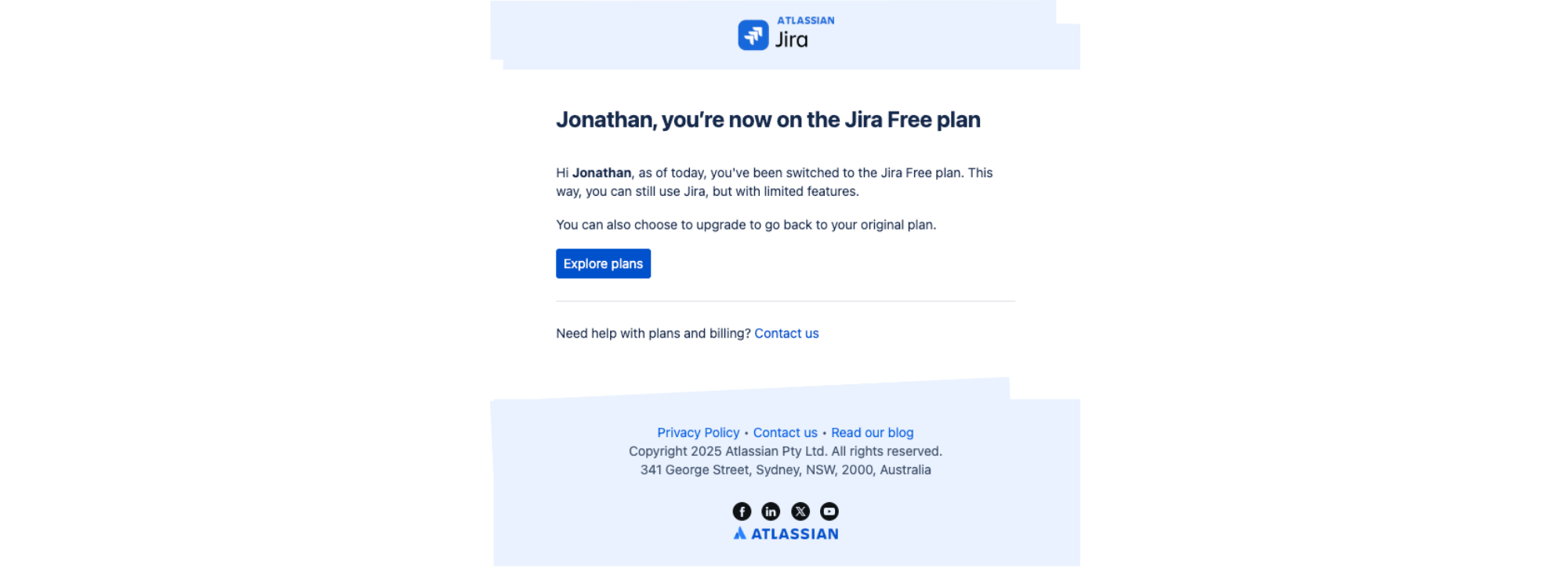 Upgrade CTA email example from Jira