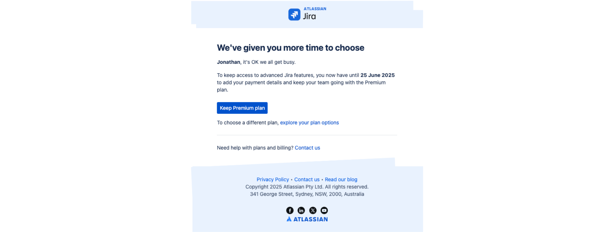 Trial Extension Offer email example from Jira