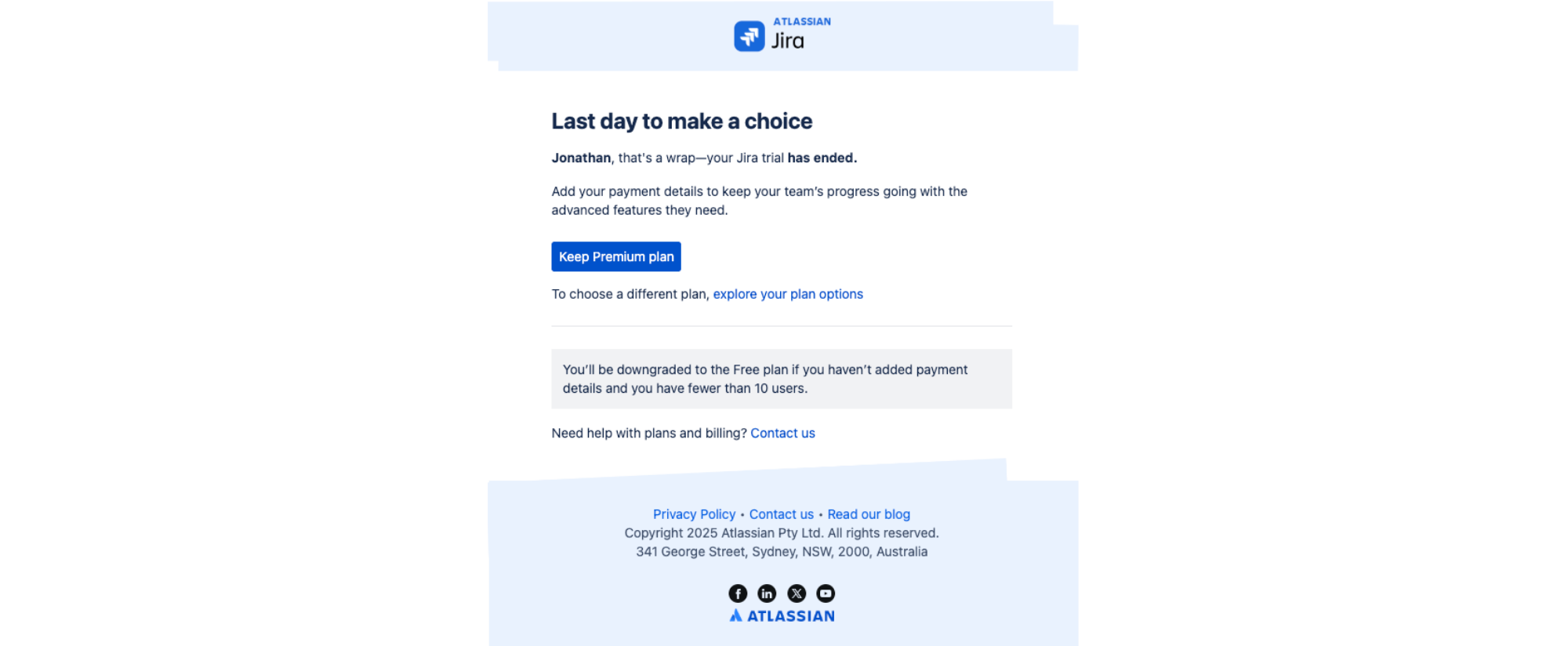 Trial Expiration Warning email example from Jira