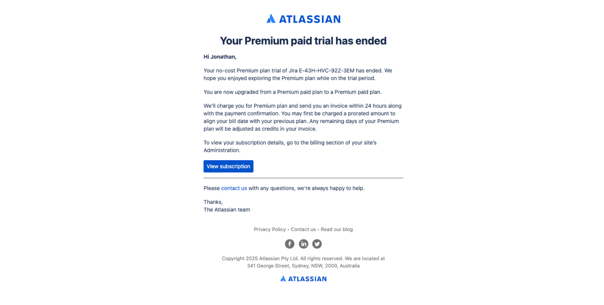 Trial Expired - Upgrade email example from Jira