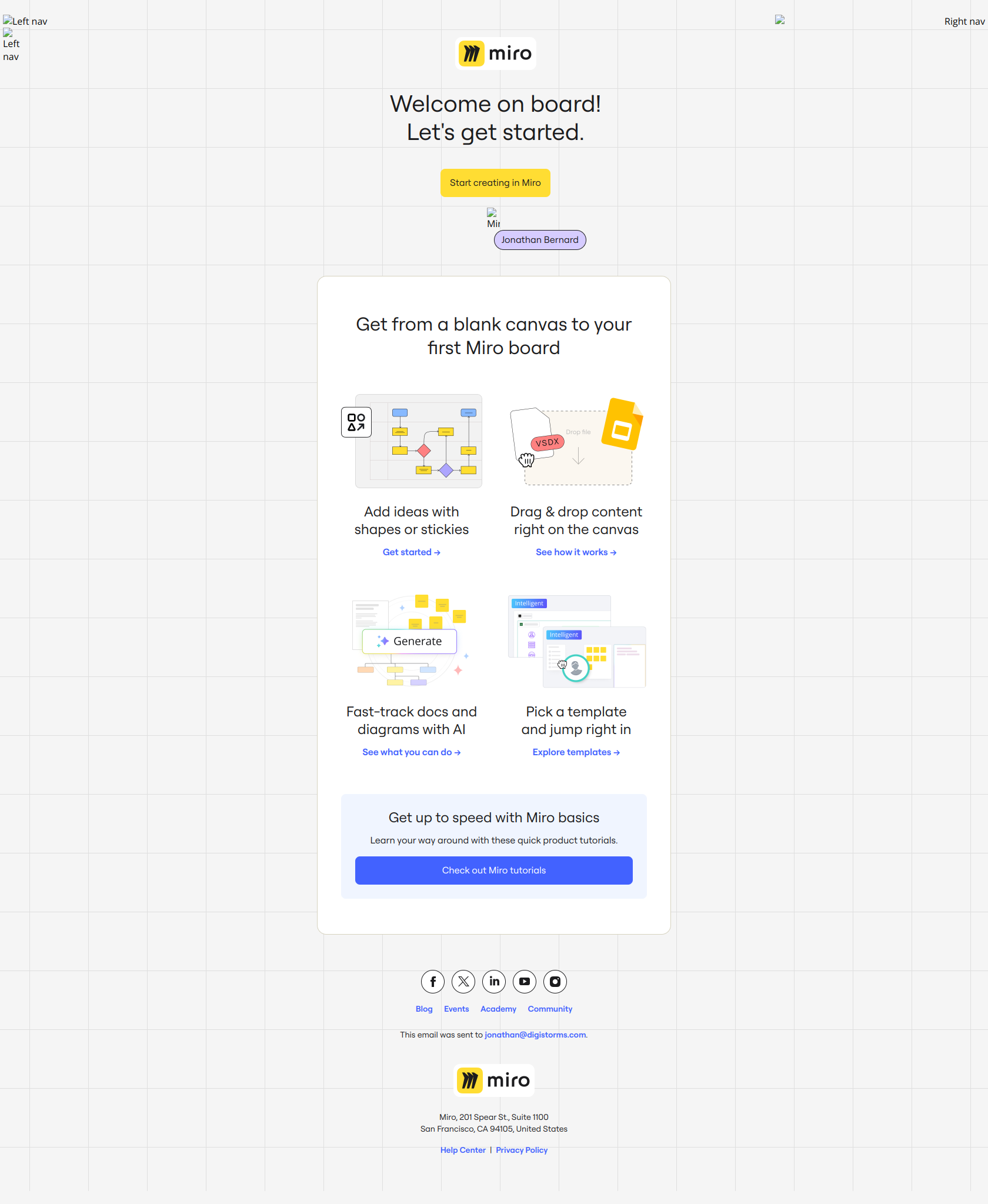 Welcome - Free Users, Onboarding Progress Nudge, Trial Just Started, Feature Usage Nudge email example from Miro