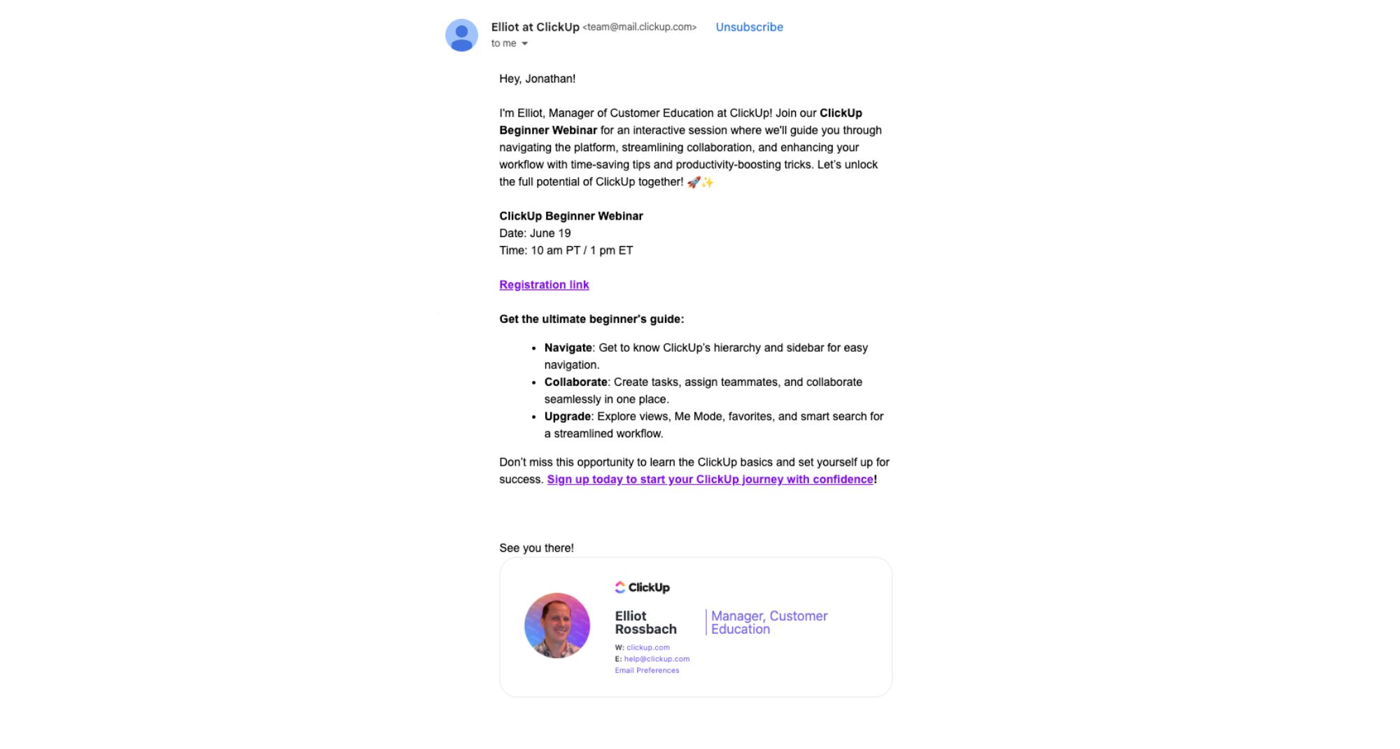 Webinar Invitation email example from ClickUp