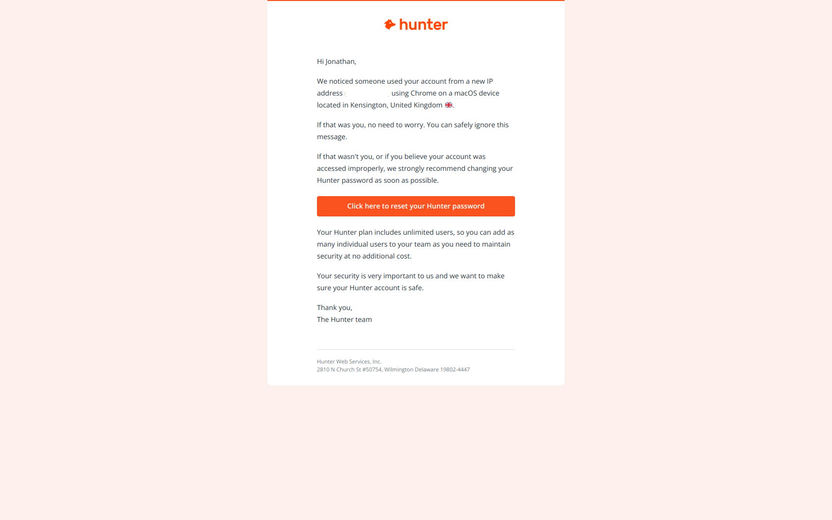 Login From New Device email example from Hunter.io
