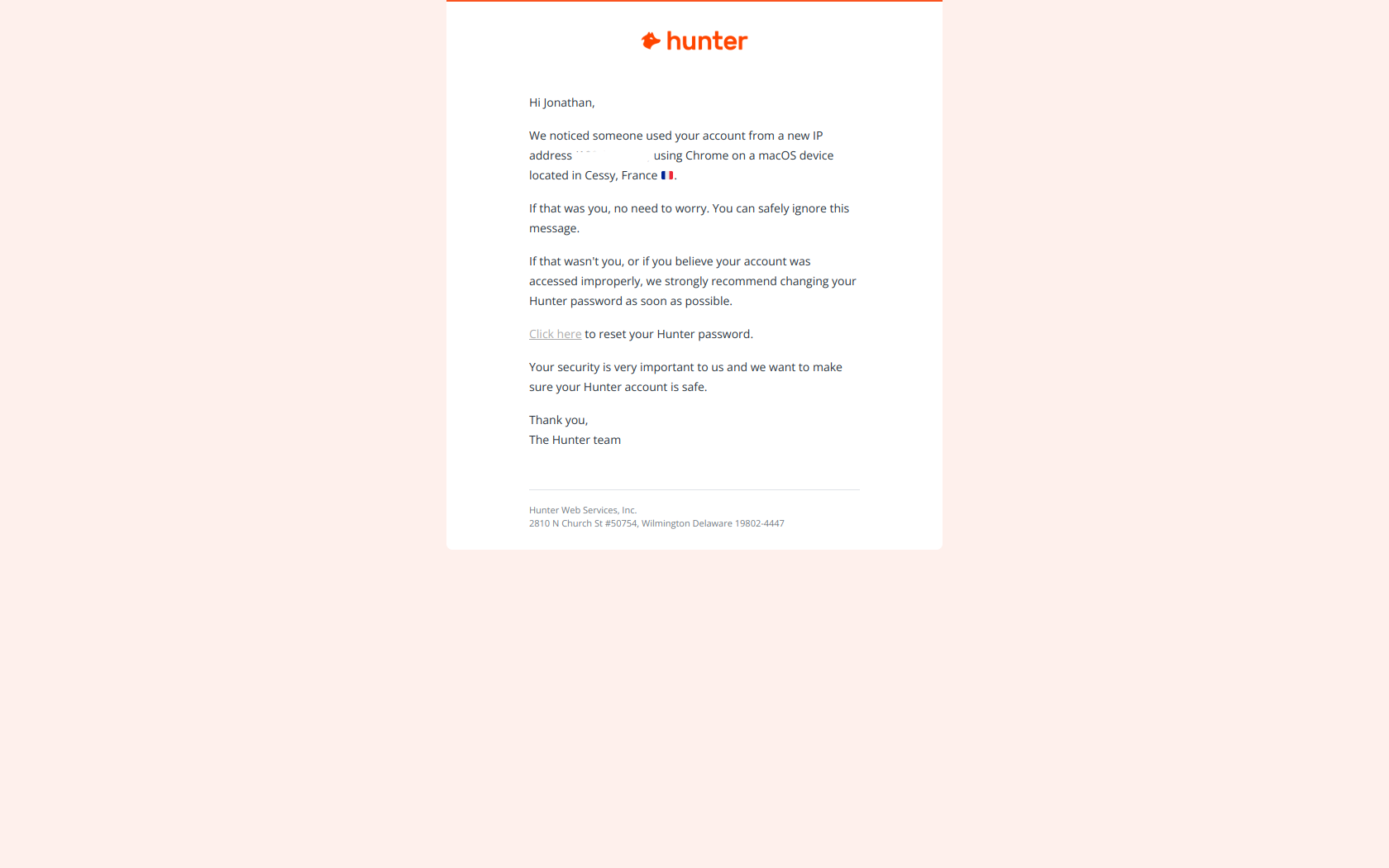 Login From New Device email example from Hunter.io