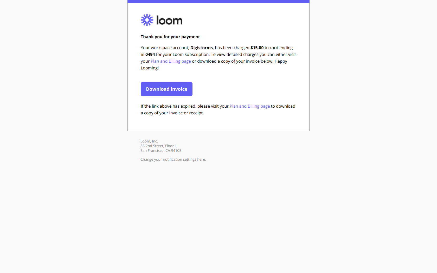 Payment Receipt email example from Loom